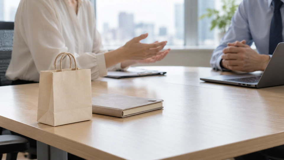 オフィスの打ち合わせ机に置いた控えめなお礼のギフトバッグ